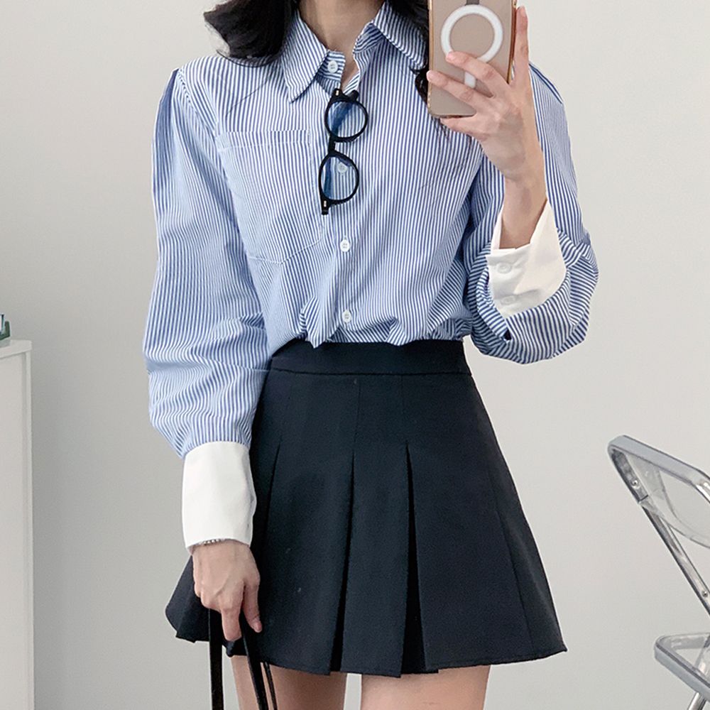 스트라이프 크롭 셔츠 HPC-1007849 - 블루