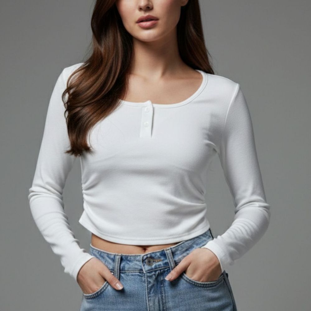 셔링 크롭 긴팔 티 - 화이트