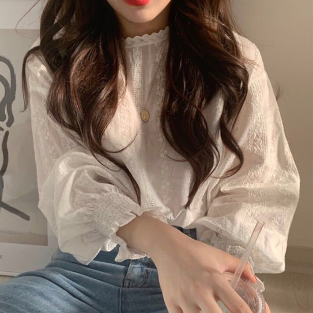 러블리 여성 프릴 블라우스 레이스 예쁜 상의 - 화이트