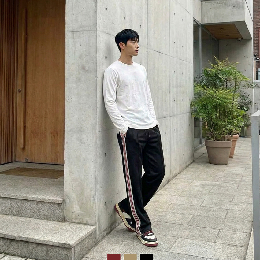 남자 트랙팬츠 사이드라인 와이드 밴딩 팬츠 스트릿 트레이닝 바지 - 버건디