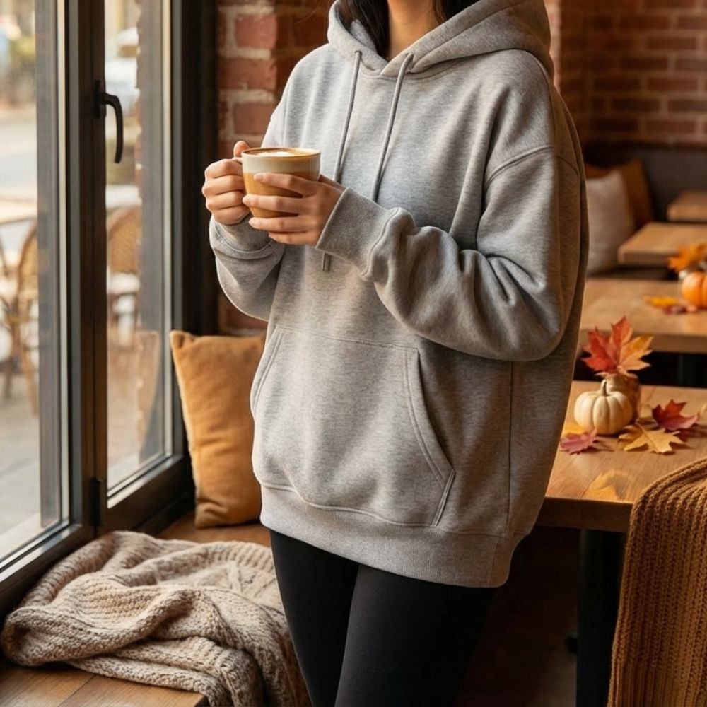 여자 데일리룩 무지 기모 후드티 긴팔 티셔츠 패션 - 화이트