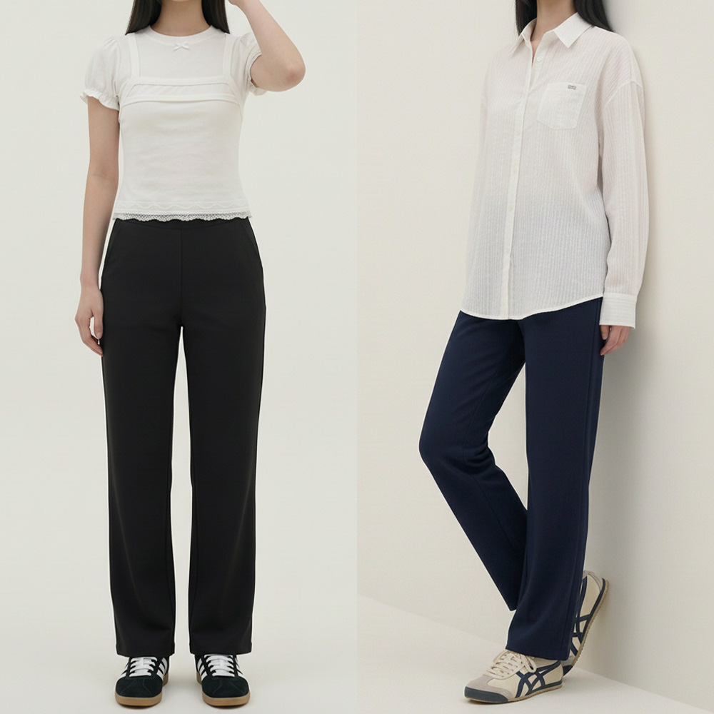 여성 쫀쫀 스판 슬림 일자 밴딩 팬츠 - 네이비