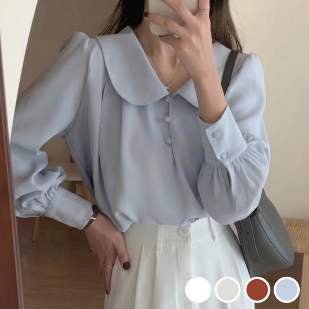 귀여운 둥근 카라 예쁜 쉬폰 데일리 여친룩 데이트룩 여성 블라우스 - 연블루