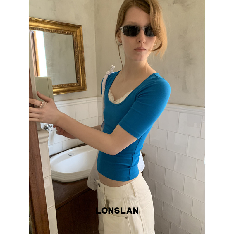 LONSLAN 론슬란 여성반팔티셔츠 스퀘어넥 반팔 슬림핏 봄 여름 티셔츠 이미지 6