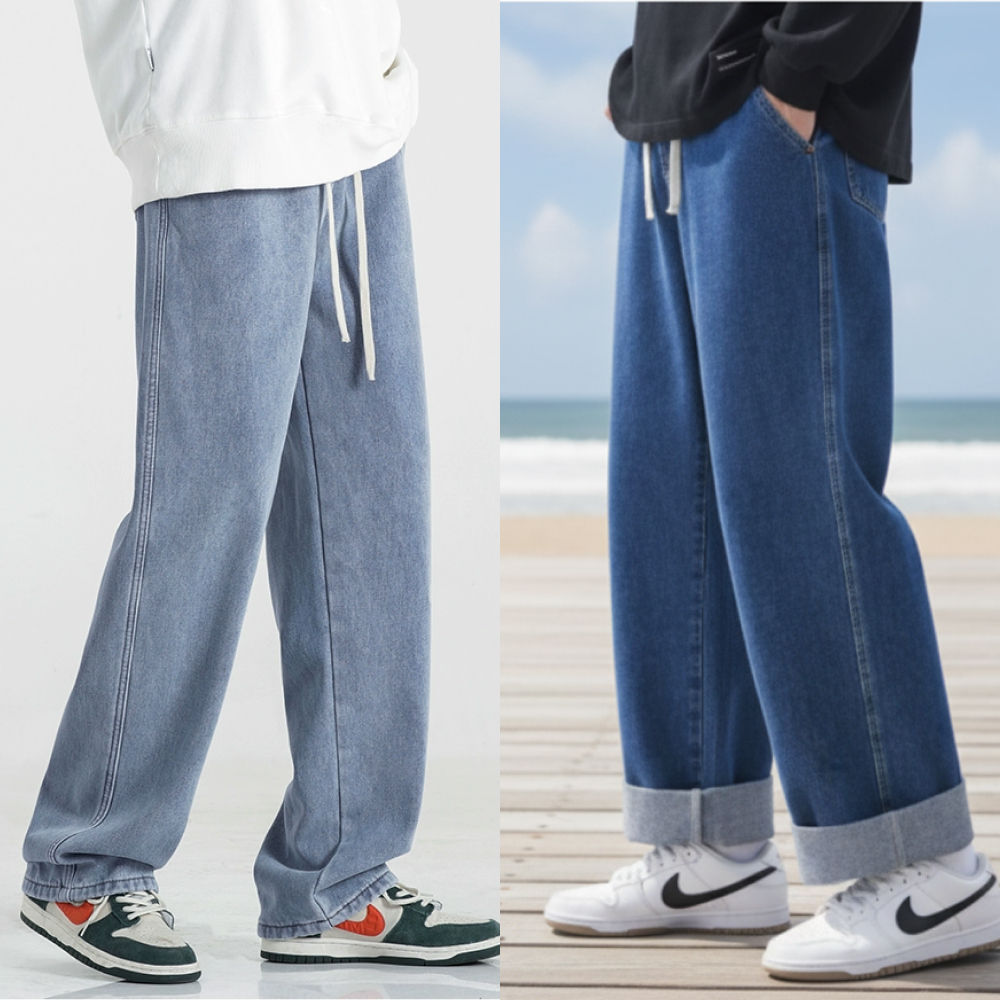 편한 쿨 세미 와이드 청바지 봄 가을 고무줄 데님 팬츠 연청 흑청 통바지 - 흑청