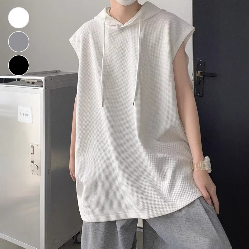 남성 여름 민소매 오버핏 와플패턴 나시 후드티셔츠 - 화이트