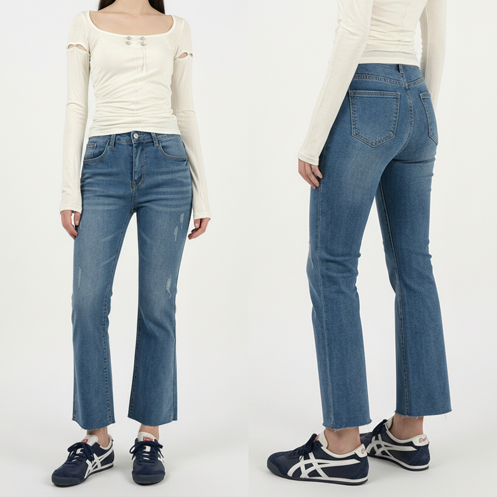 여성 빈티지 부츠컷 스판데님 팬츠 - 블루