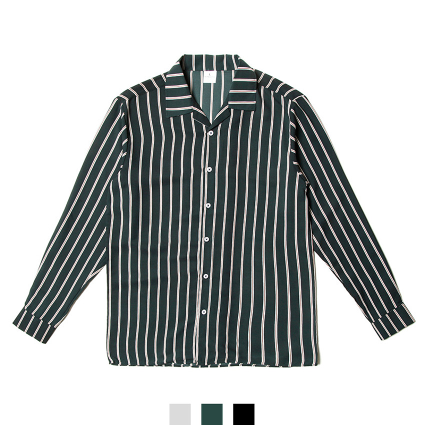 남자 스트라이프 셔츠 오픈카라 루즈핏 봄 남방 - 그린