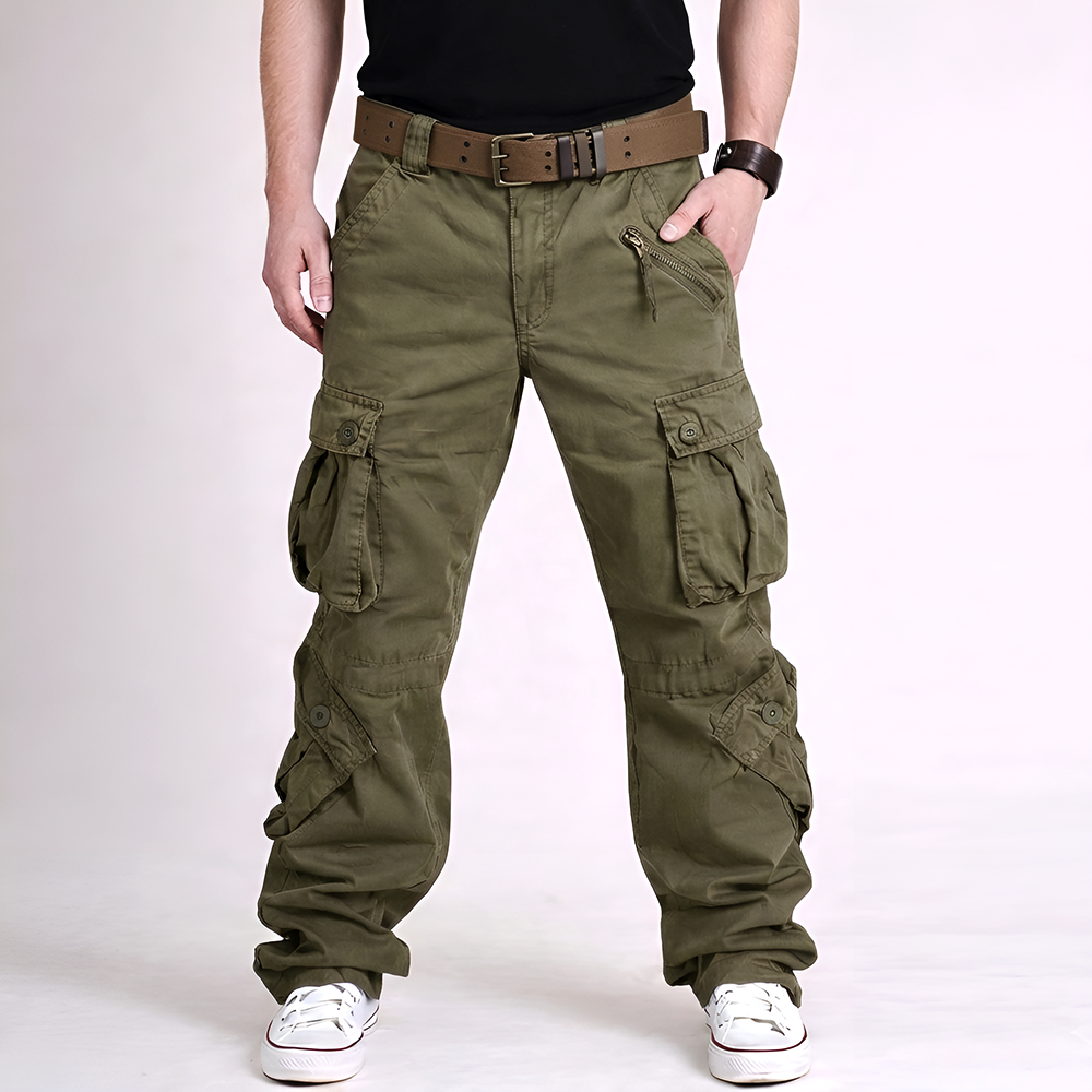 YIG 남녀공용 멀티포켓 와이드 밀리터리룩 면 카고바지 - 버건디레드