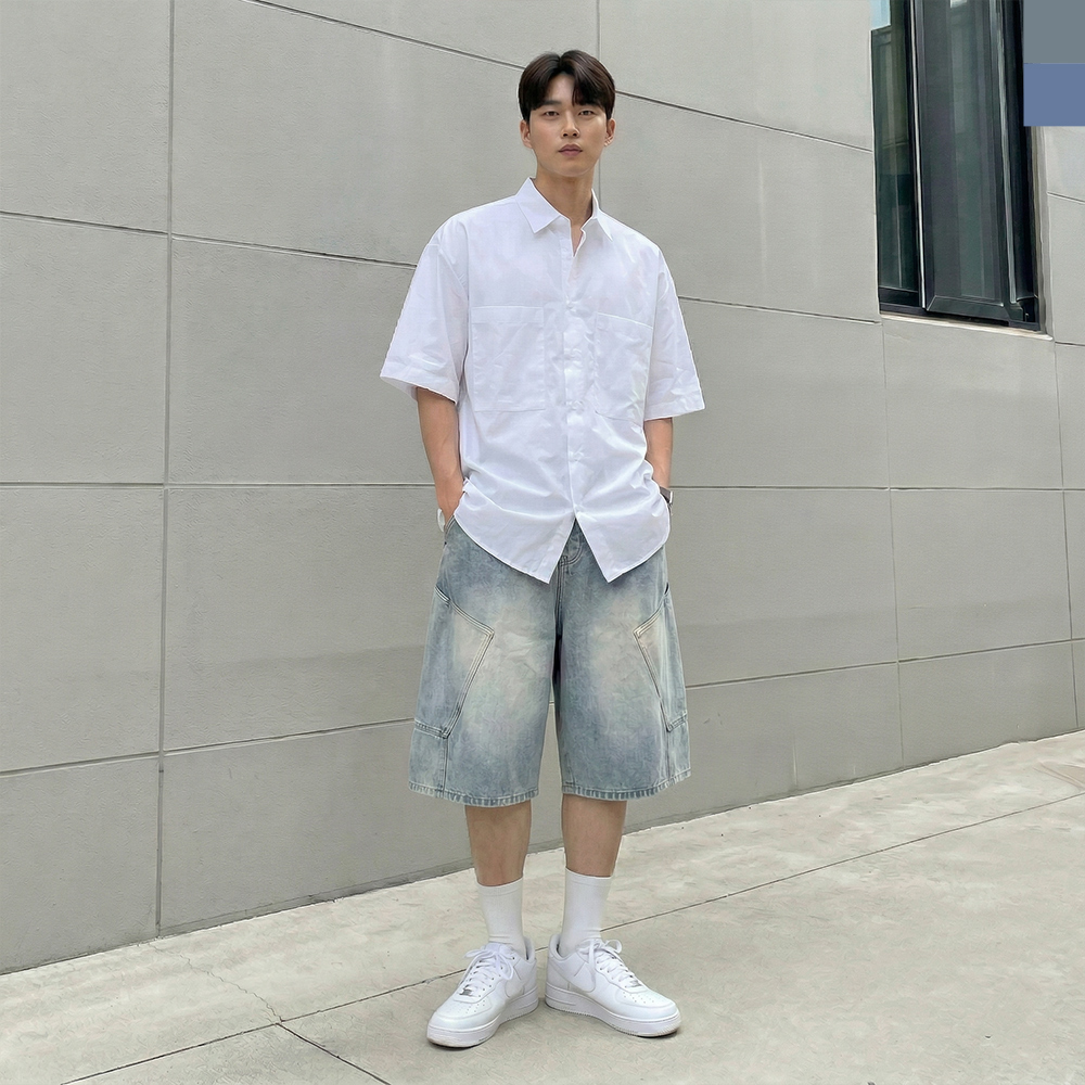 ACC 2007M 남자 카고 버뮤다 밴딩 데님 반바지 - 중청