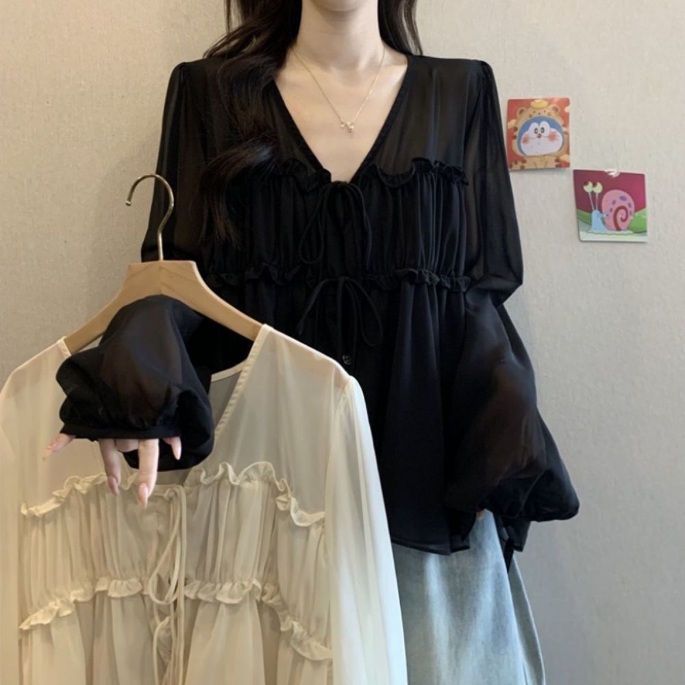 여리핏 프릴 리본 셔링 블라우스 JSD-1008019 - 블랙