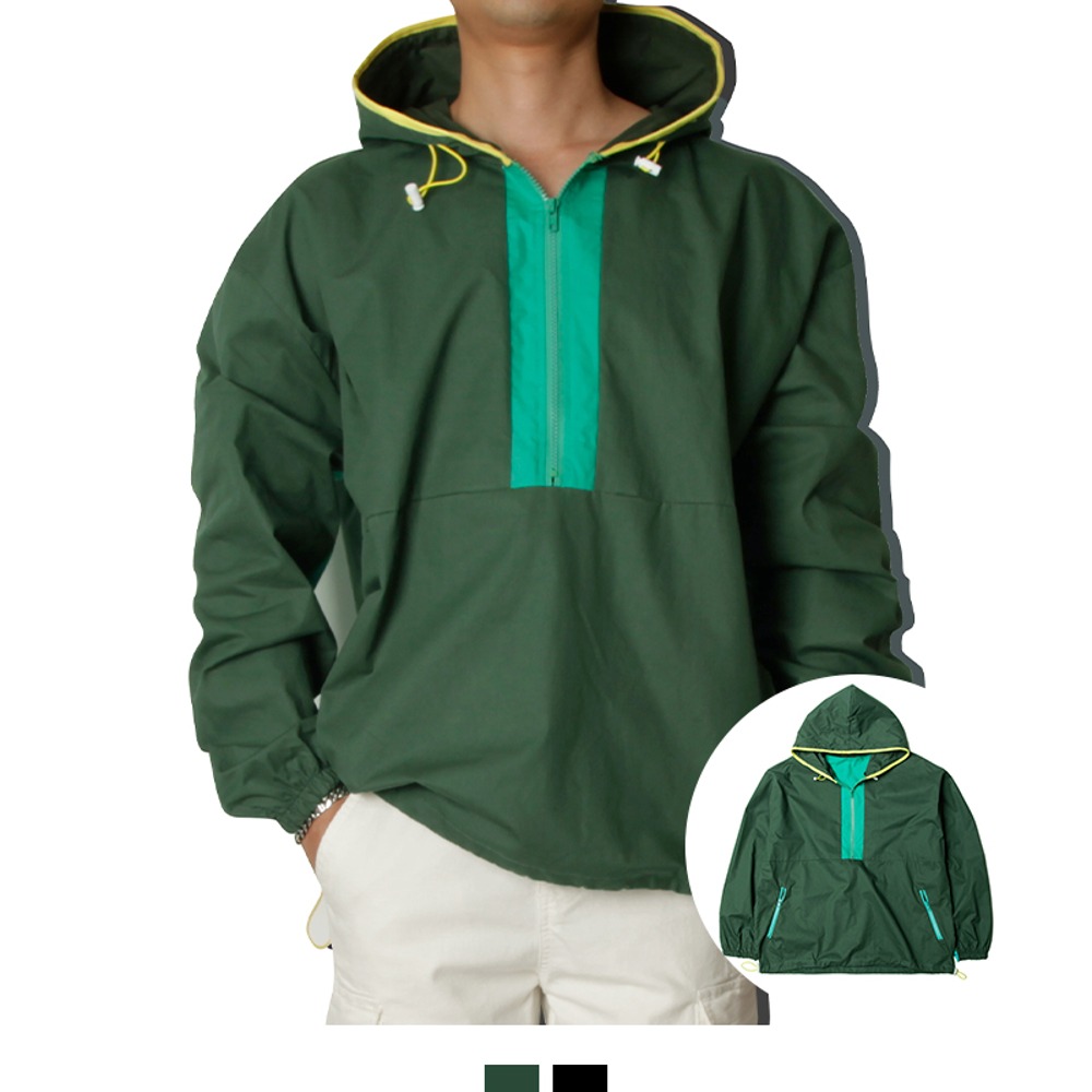 남성 아노락 바람막이 후드 배색 윈드브레이커 등산 캠핑 간절기 점퍼 - 블랙