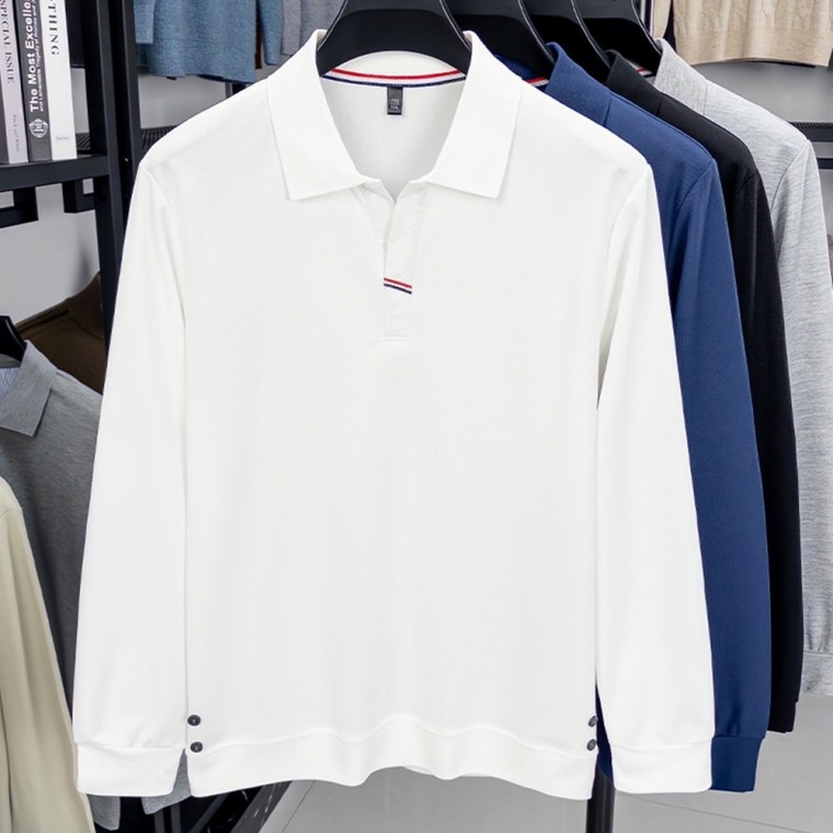 남성 봄 V넥 카라 긴팔티 밑단 단추 출근룩 산책룩 - 화이트