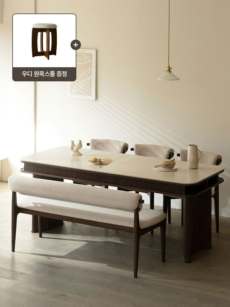 오크빌 체리쉬 6인용 원목 포세린 세라믹 무소음 원목 서랍형 식탁세트 2000 의자3 벤치
