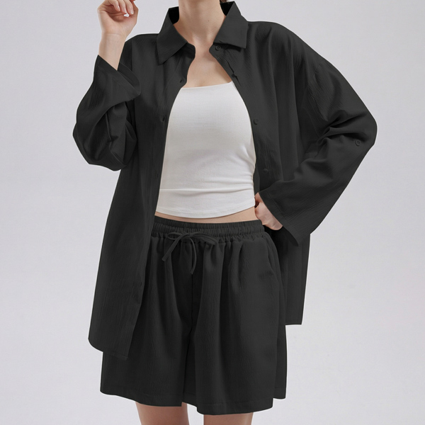데일리 여성 오버핏 무지 긴팔 셔츠 반바지 셋업 LK-SS84 - 블랙