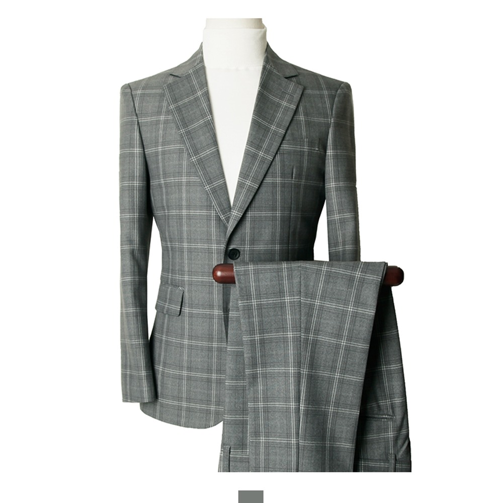 남자 그레이 체크 수트 정장 세트 슬랙스 자켓 - 그레이 체크