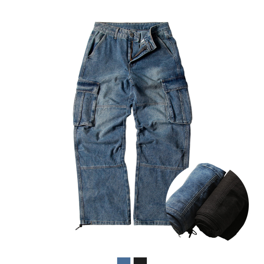 남자 와이드 카고 데님팬츠 멀티포켓 스트릿 청바지 루즈핏 밴딩 밑단스트링 - 블랙