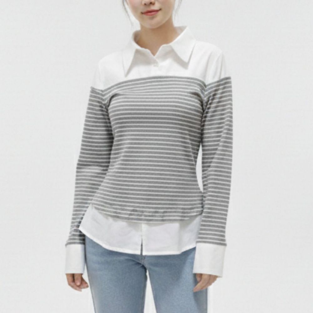 카라 배색 스트라이프 티 HPC-1007870 - 소라