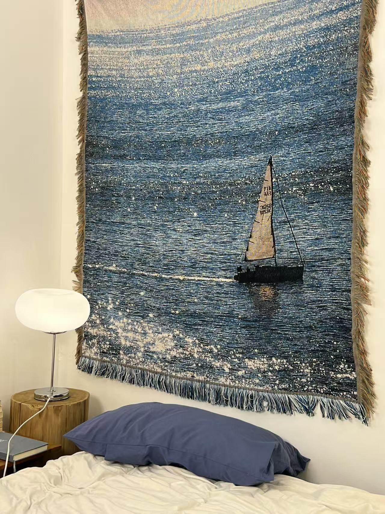 가라 대형 바다 풍경 니트 벽걸이 소파 침대 데코 세일링 세일링 라인 담요 100x140cm A - 상세 이미지 3