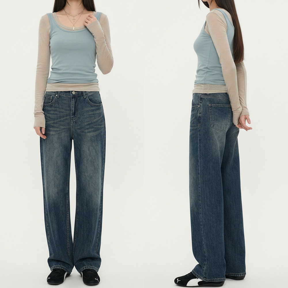 여성 빈티지 캣브러쉬 워싱 롱 데님 와이드 팬츠 - 진청