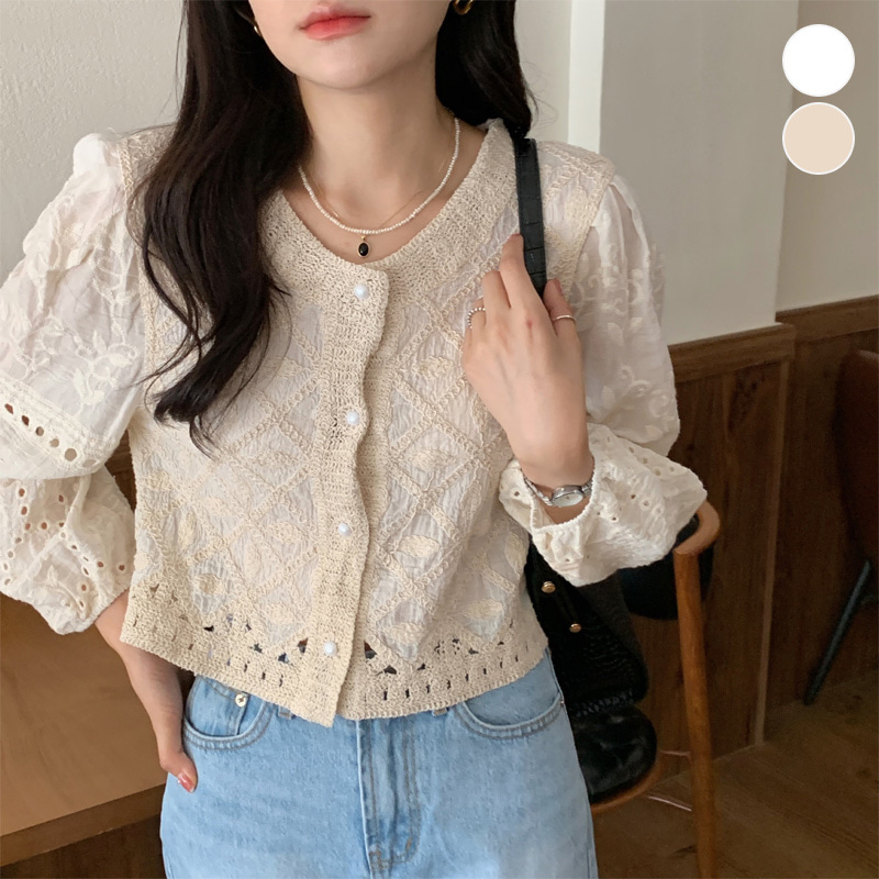 봄 여름 여성스런 아일렛 펀칭 자수 가디건 블라우스LACH5012530 - 상품 이미지