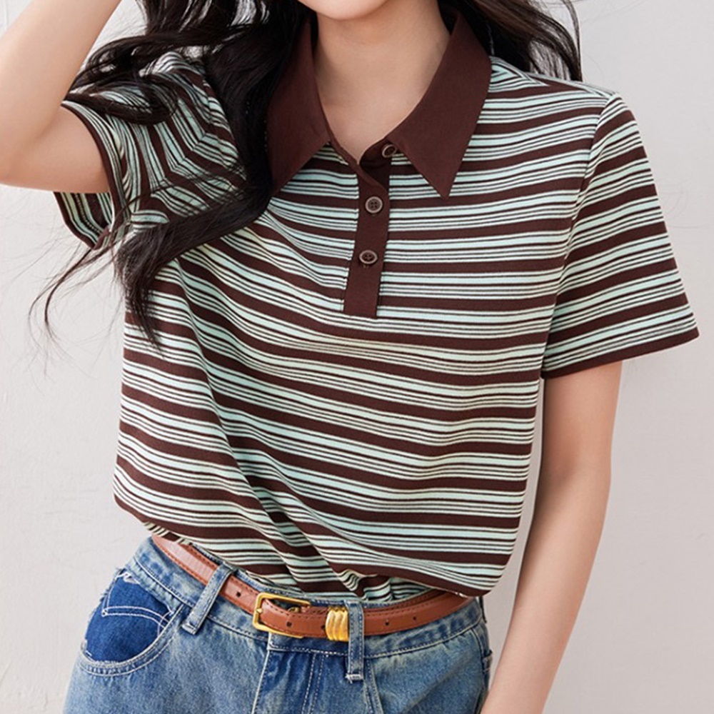 스트라이프 패턴 카라넥 반팔 티셔츠 여성 데일리룩 캐주얼