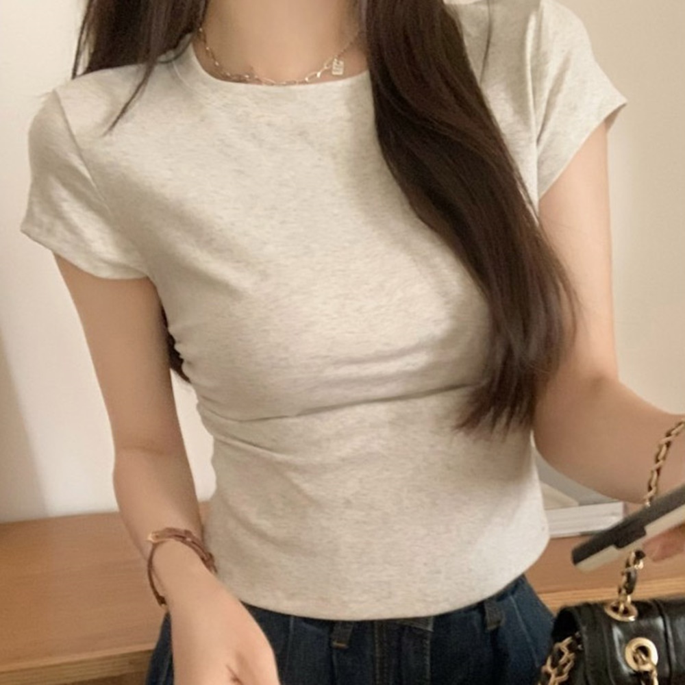 여성 슬림핏 옆주름 셔링 포인트 라운드 반팔 티셔츠 - 블랙