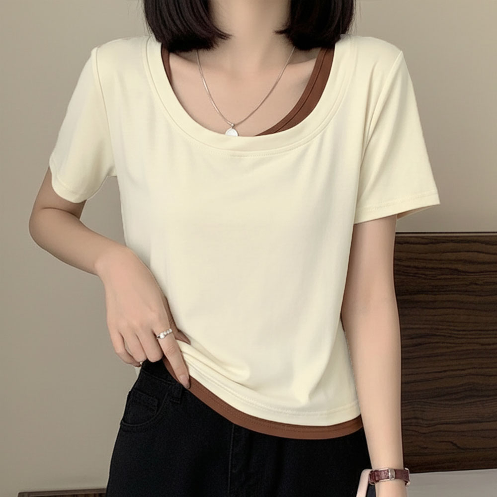 LM-0895 이중 사선 레이어드 반팔 티셔츠 - black