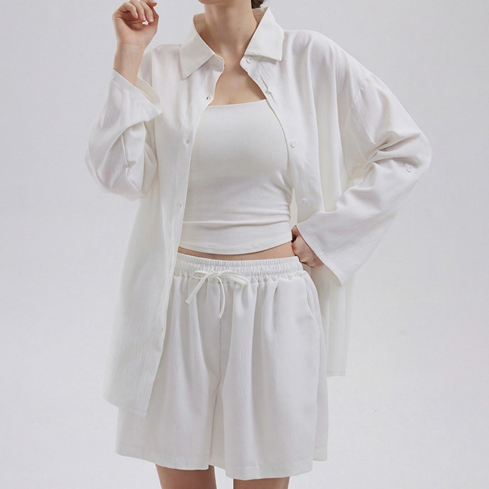 외출 여행 데일리 편한 반바지 긴팔 셔츠 세트 - 2컬러 - 블랙