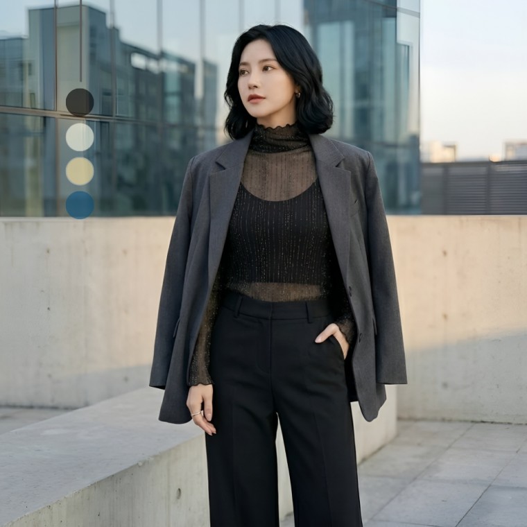 여성 시스루 레이스 블라우스 반목 이너 레이어드 자수 목티 - 인디고블루