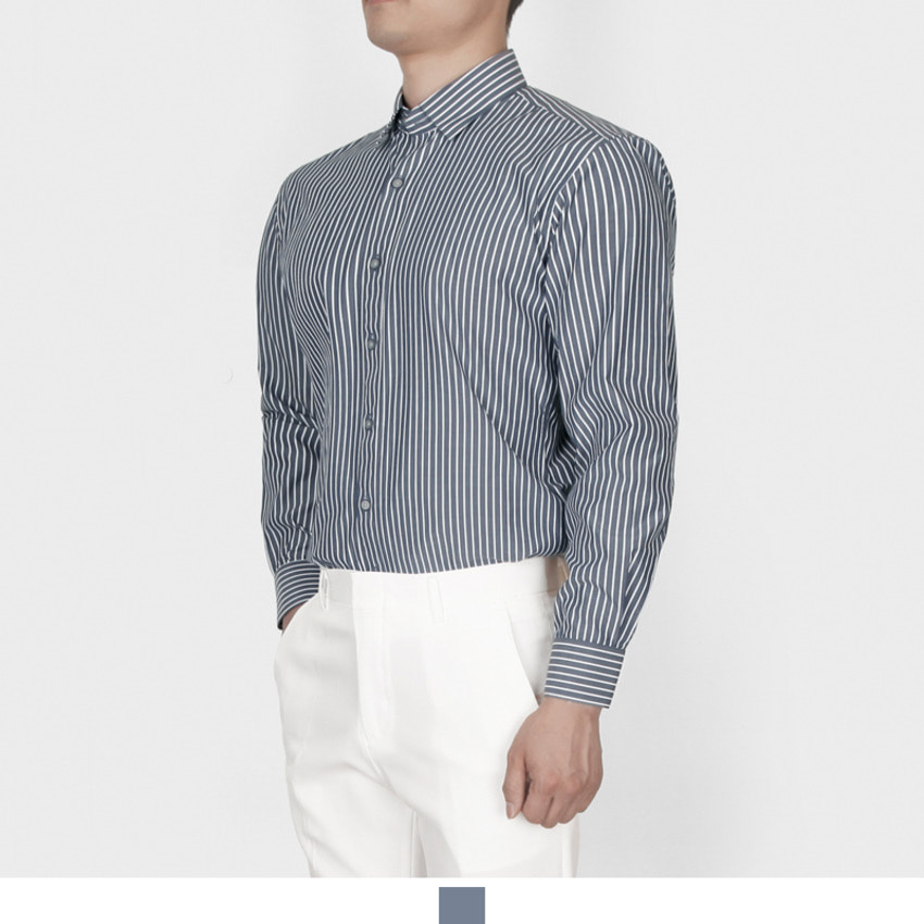 남자 스트라이프 셔츠 긴팔 베이직 카라 데일리 남방 - 연그레이