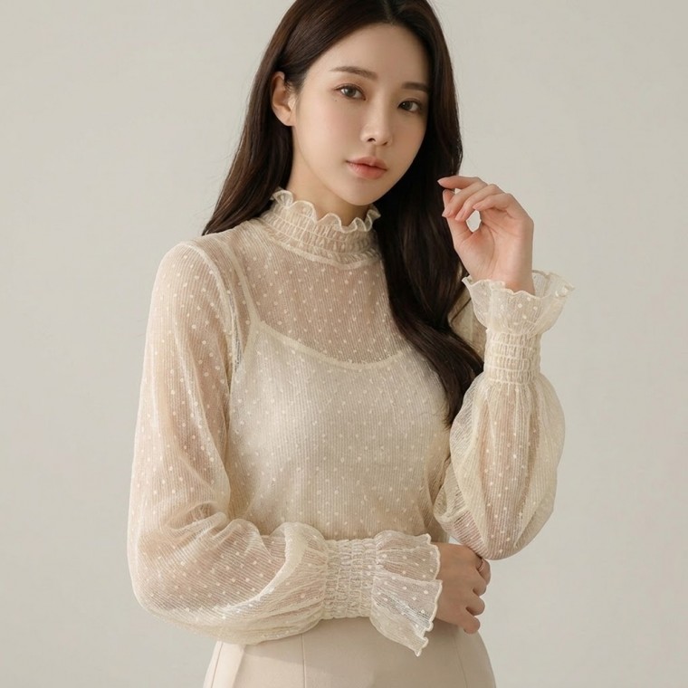 우아한 여성 꽃 도트 시스루 레이스 자수 블라우스 - 살구