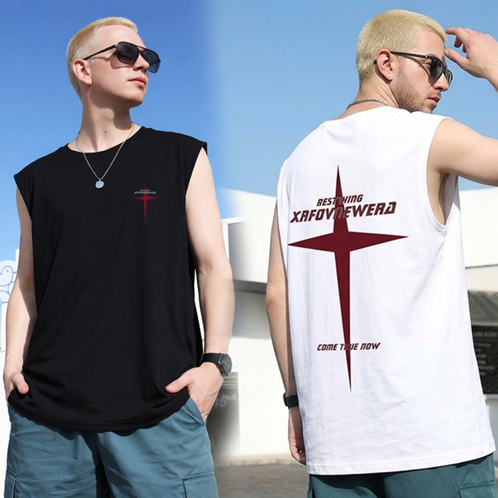 여름철 얇고 시원한 소재 크로스 영문 레터링 남성 나시 티셔츠 - 화이트