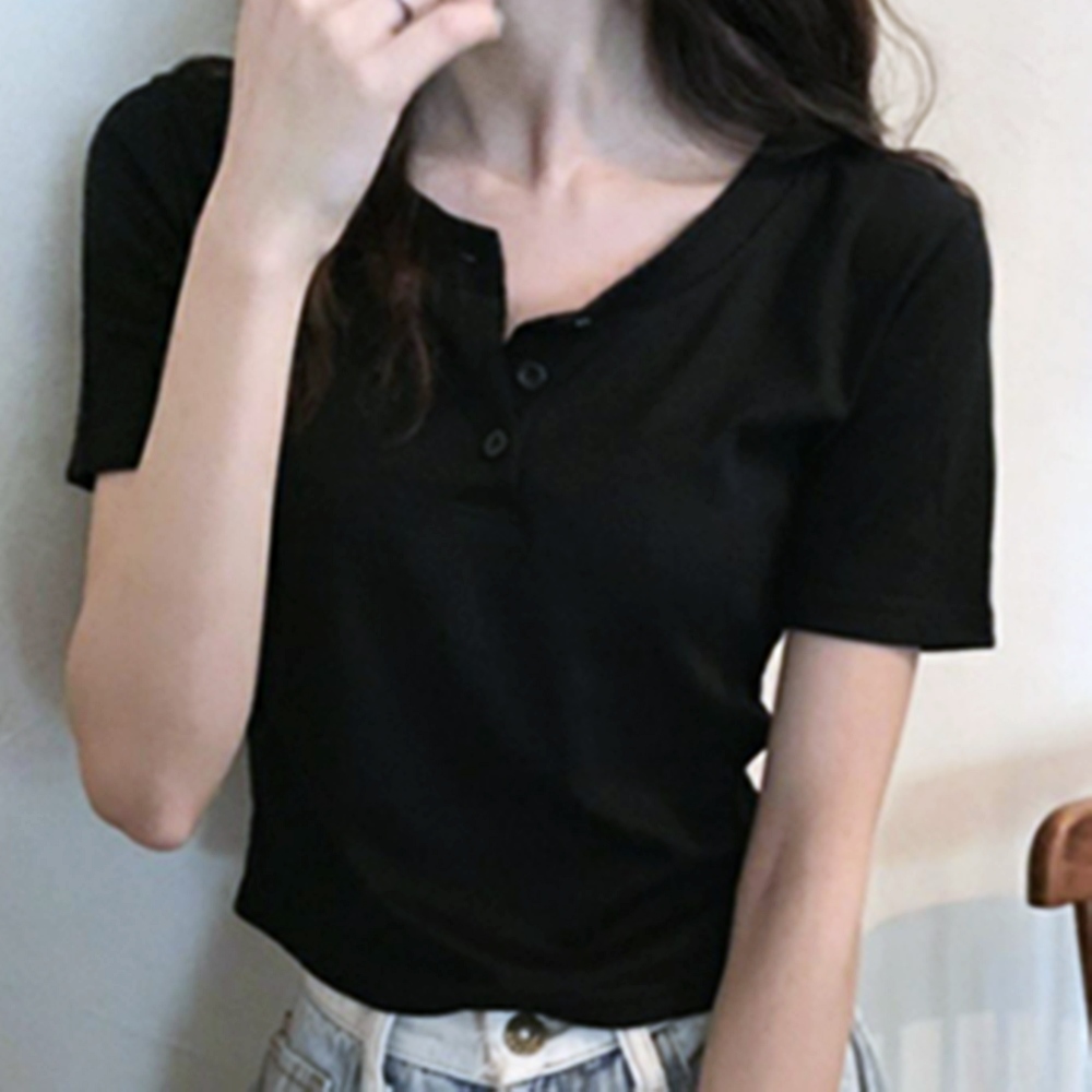 캐주얼 버튼 반팔 티셔츠 - black
