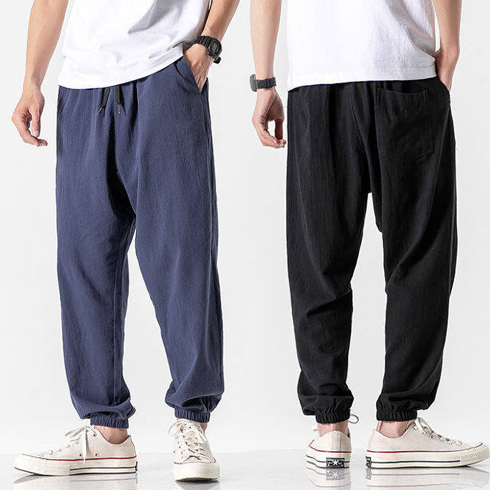 남성 여름 시원한 린넨혼방 허리밴딩 쾌적한 조거팬츠 - 네이비