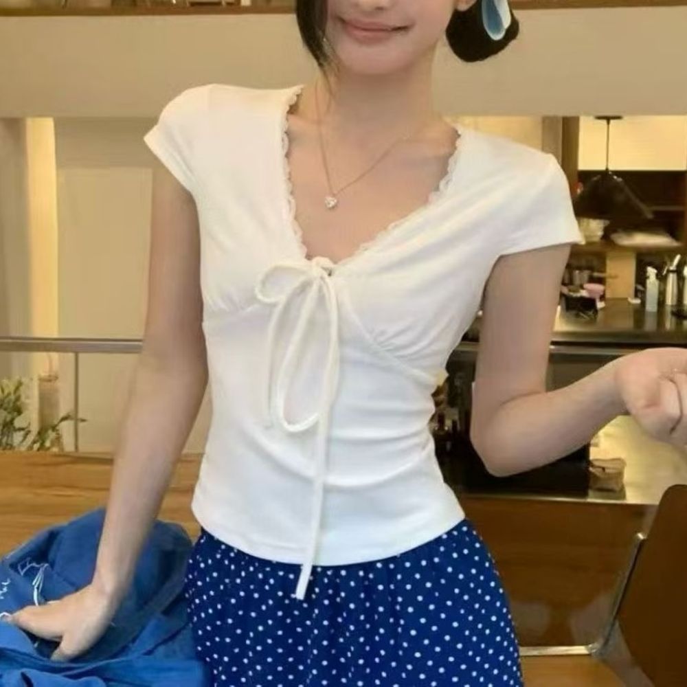 HPC-1008098 반팔티 슬림 레이스 브이넥 - 화이트