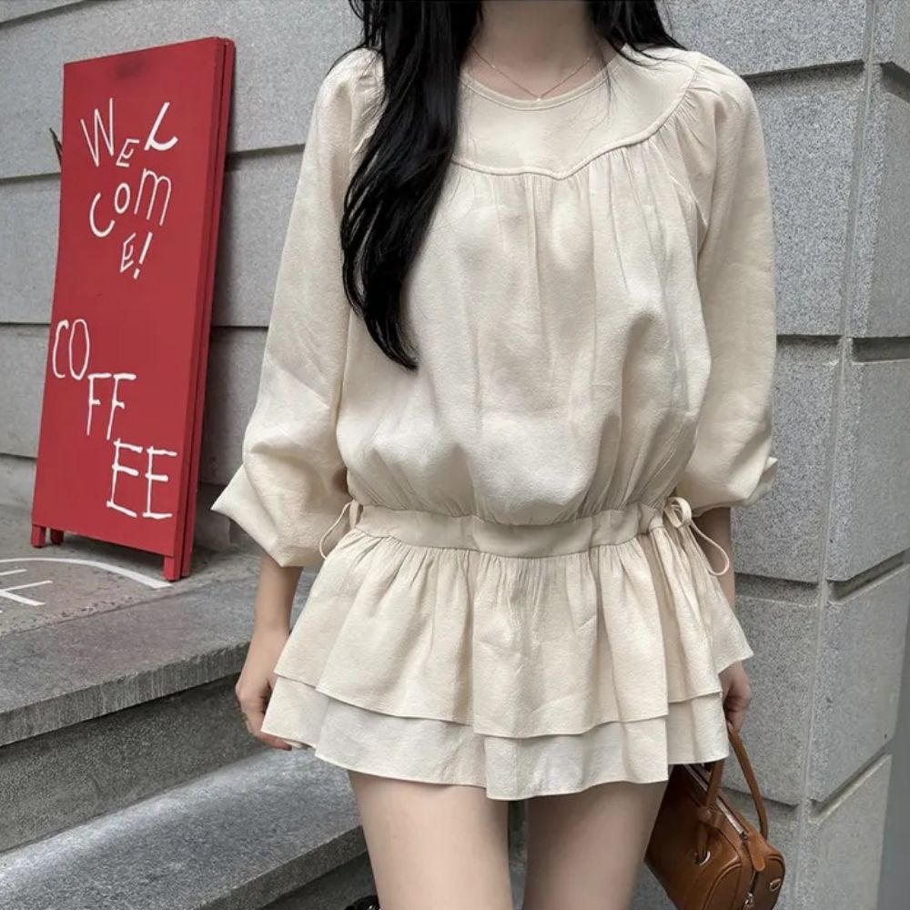 캉캉 퍼프 프릴 스트링 미니 원피스 UJS-066 - 베이지