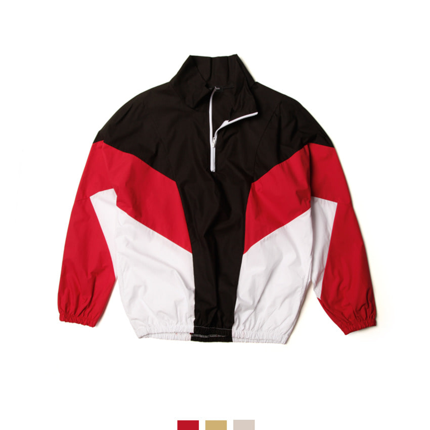 남자 아노락 바람막이 배색 윈드브레이커 반집업 스트릿 캐주얼 점퍼 - 레드