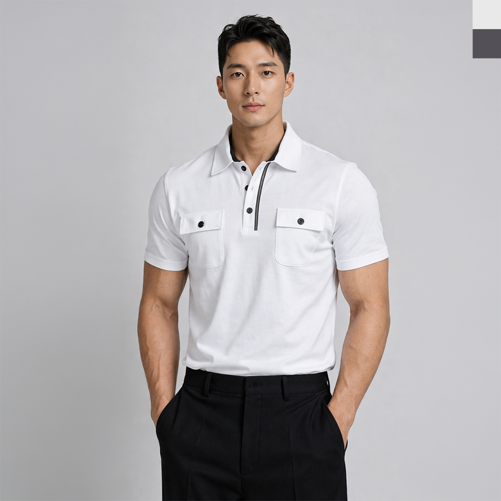 KAA 9005M 더블 포켓 반팔 카라 티셔츠 - 화이트