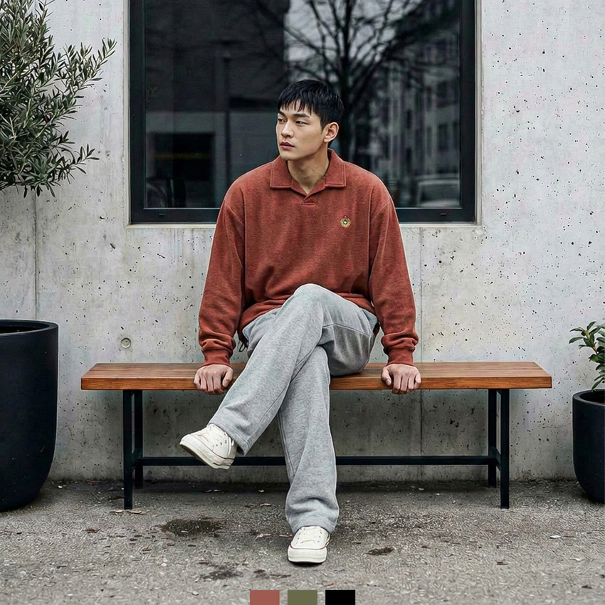 남자 자수 카라 니트 맨투맨 봄 캐주얼 스웨터 - 로즈