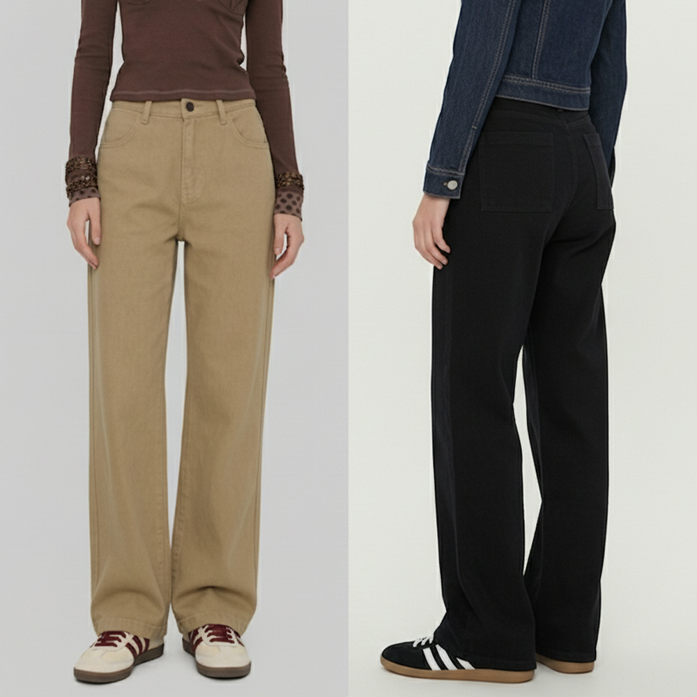 여성 하이웨스트 코튼 세미와이드 롱팬츠 - 베이지