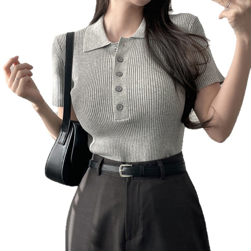 베이직 여성 카라 버튼 반팔 니트 SSH-057 - 그레이