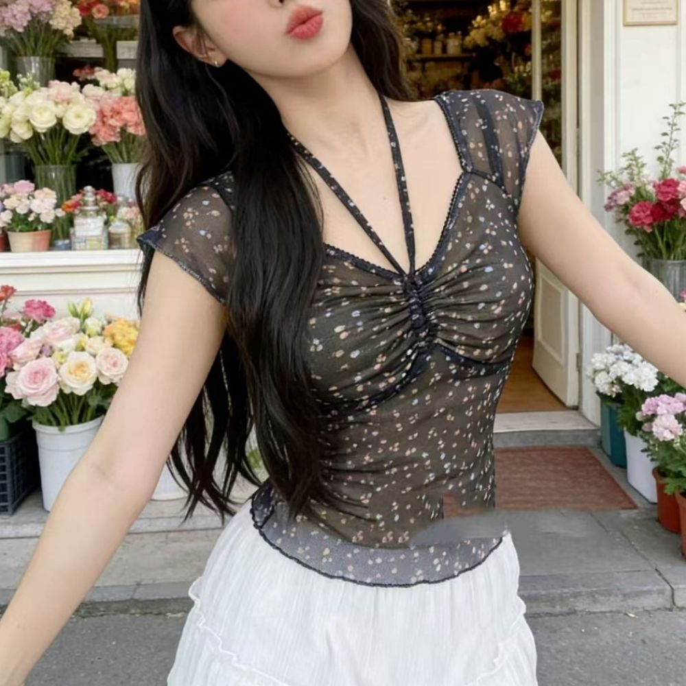 HPC-1008101 반팔티 시스루 셔링 플라워 - 베이지