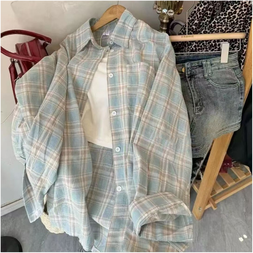 JGR-1007350 여성 캐주얼 루즈핏 체크 셔츠 남방 - 블루