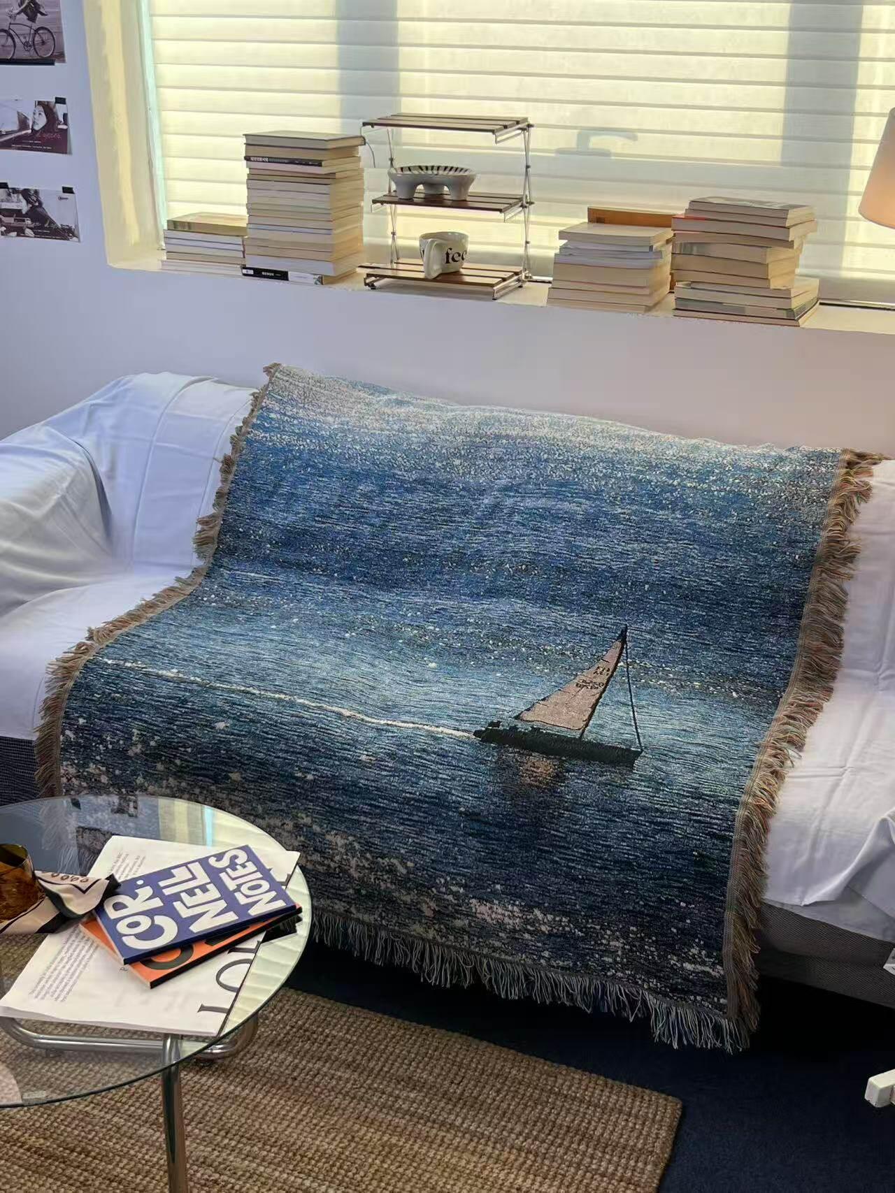 가라 대형 바다 풍경 니트 벽걸이 소파 침대 데코 세일링 세일링 라인 담요 100x140cm A - 상세 이미지 5