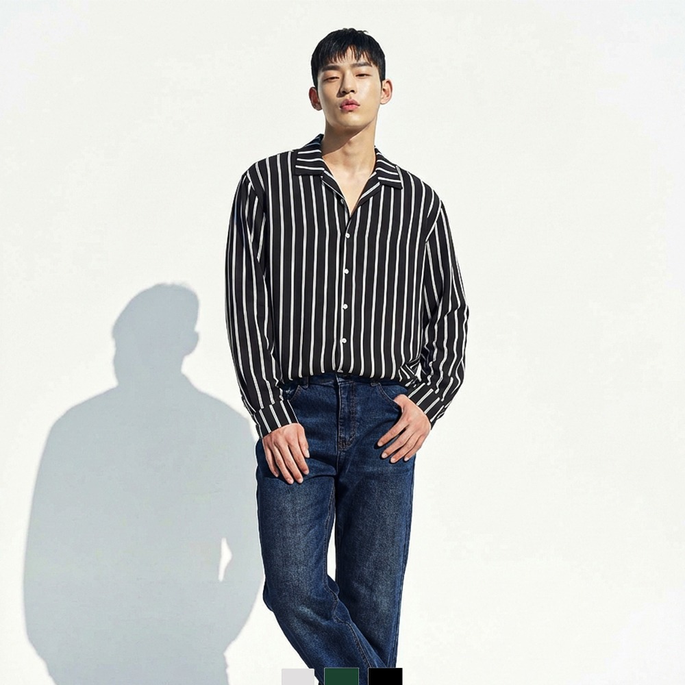남자 스트라이프 셔츠 오픈카라 루즈핏 봄 남방 - 그린