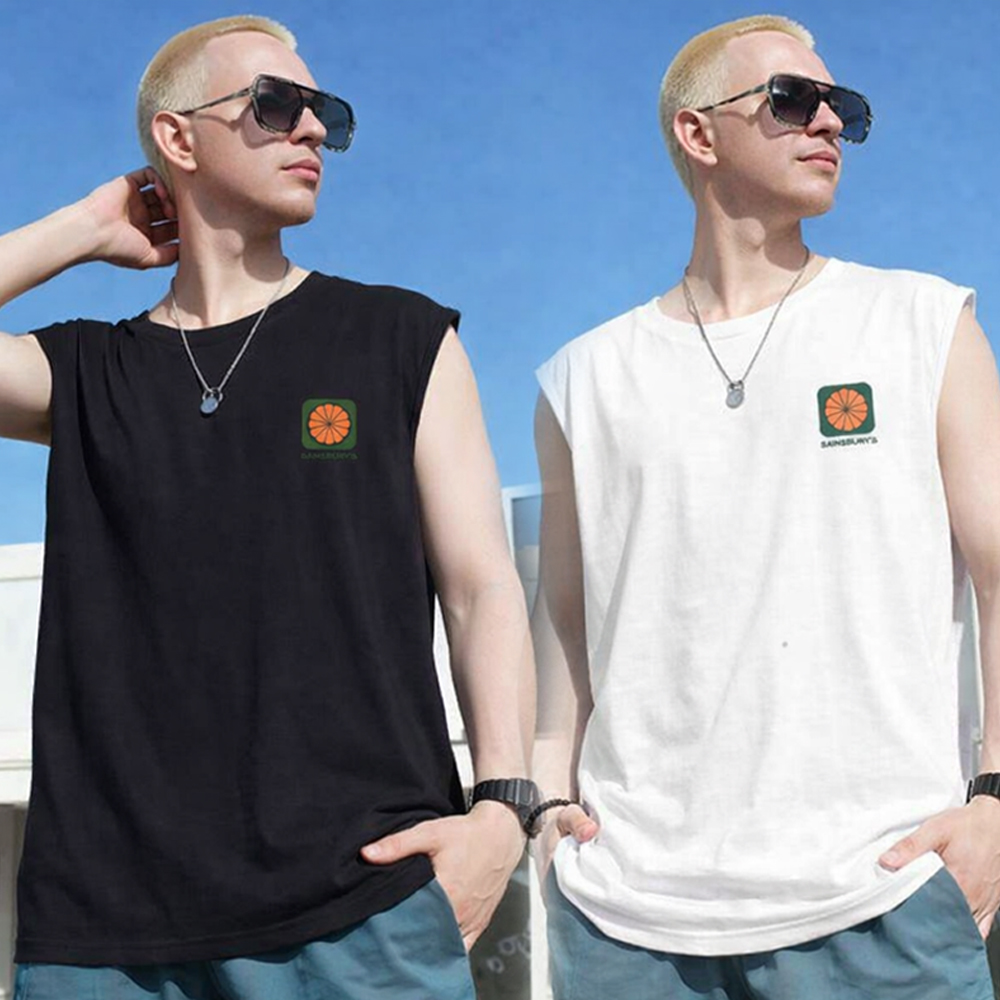 여름철 얇고 시원한 소재 오렌지 영문 레터링 남성 나시 티셔츠 - 블랙