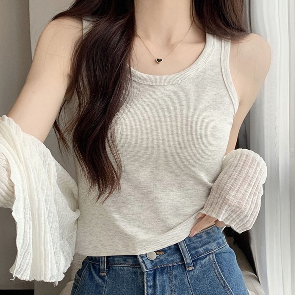 여성 데일리 슬림핏 골지 민소매 나시 이너 티셔츠 - 그레이