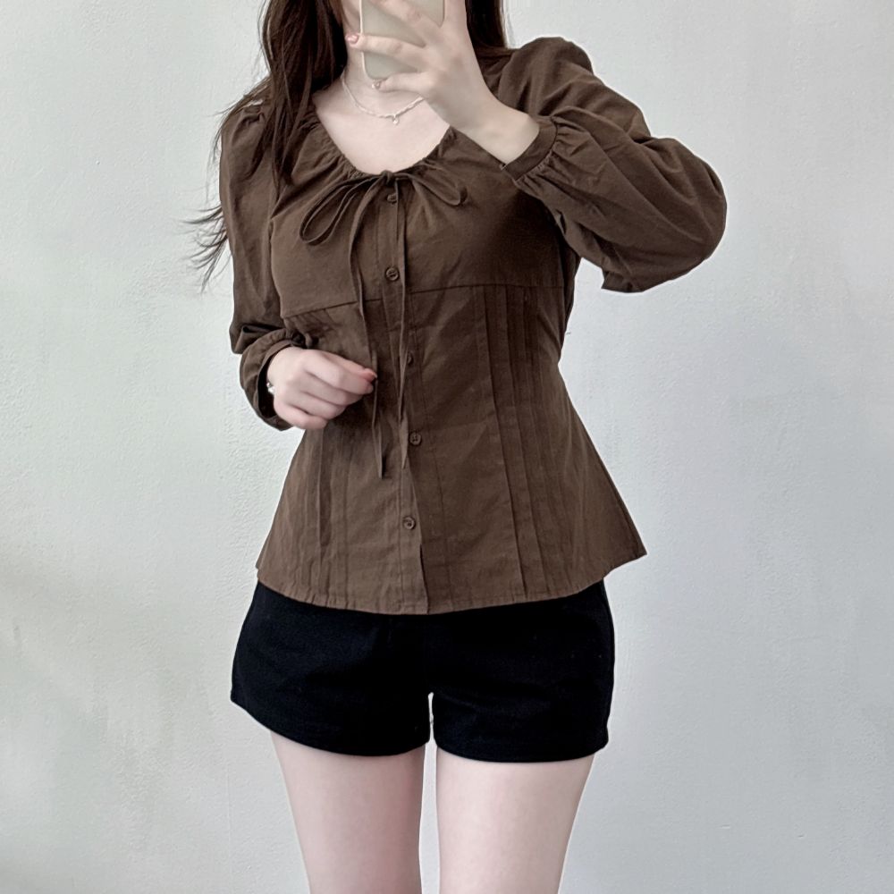 핀턱 셔링 블라우스 SEG-1008130 - 브라운