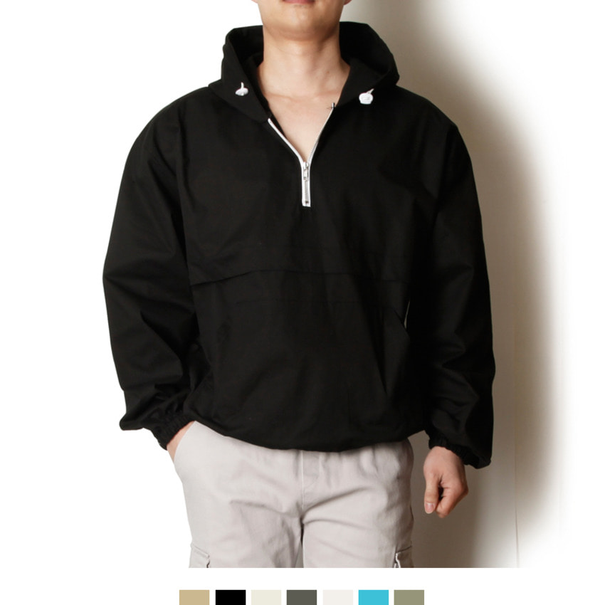 남자 후드 아노락 바람막이 반집업 윈드브레이커 오버핏 데일리 점퍼 - 아이보리